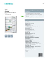 Product informatie SIEMENS koelkast inbouw KI20RV60
