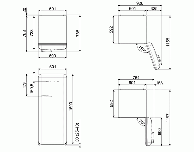 Maattekening nieuwe Smeg FAB28 koelkasten