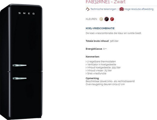 Het standaard assortiment Smeg FAB32 koelkasten uitgevoerd met No-Frost vriesgedeelte